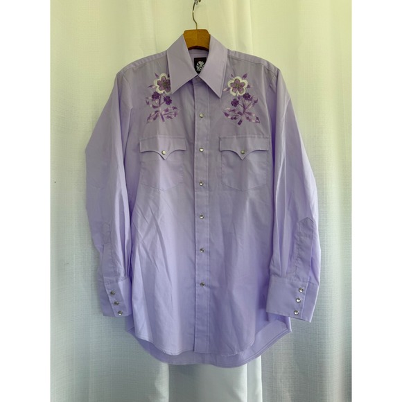 Karman Other - Vintage Karman Western Shirt Mens 15 32 Lavender Floral Embroidery Pearl Snap
